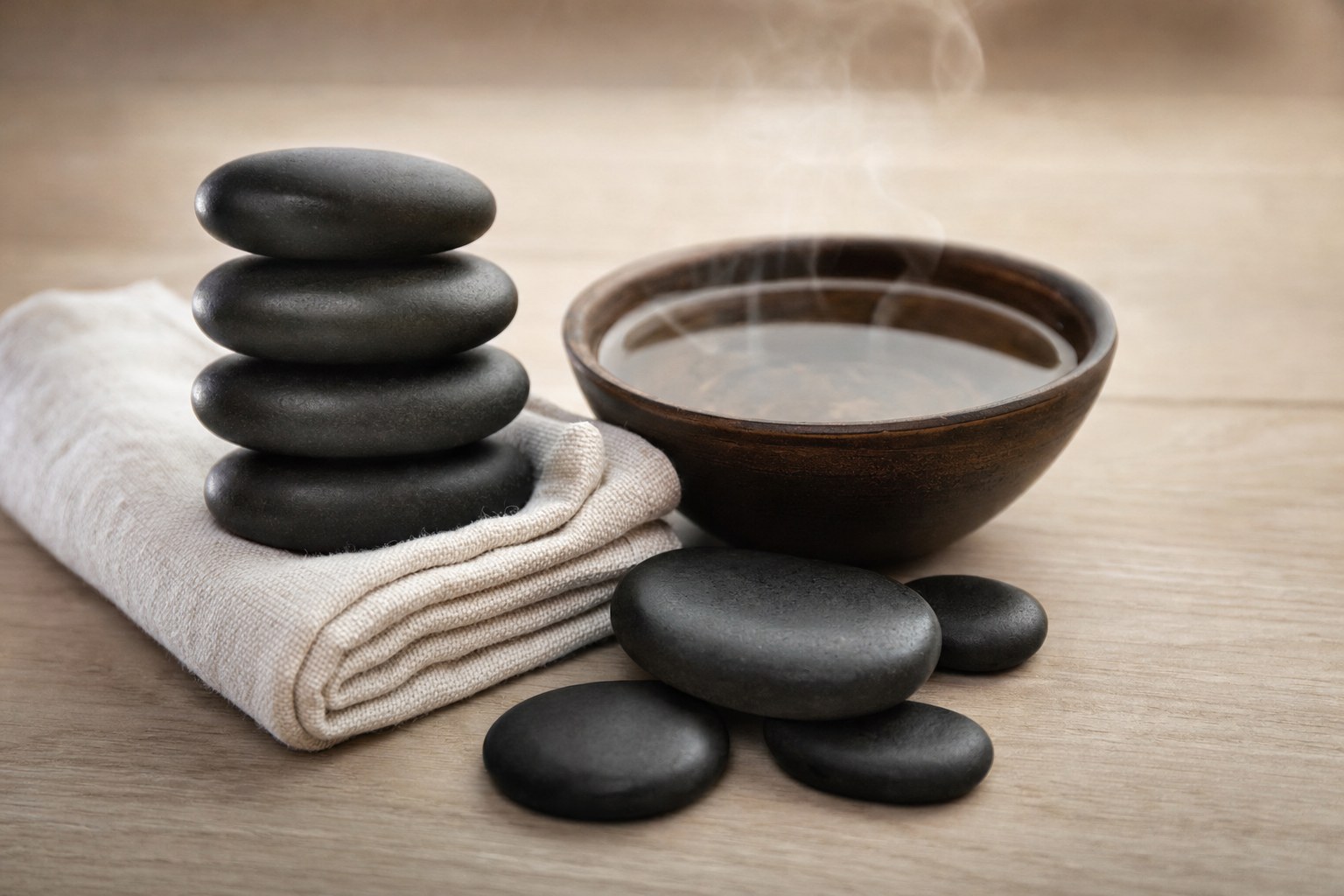 Smooth massage stones on a linen towel