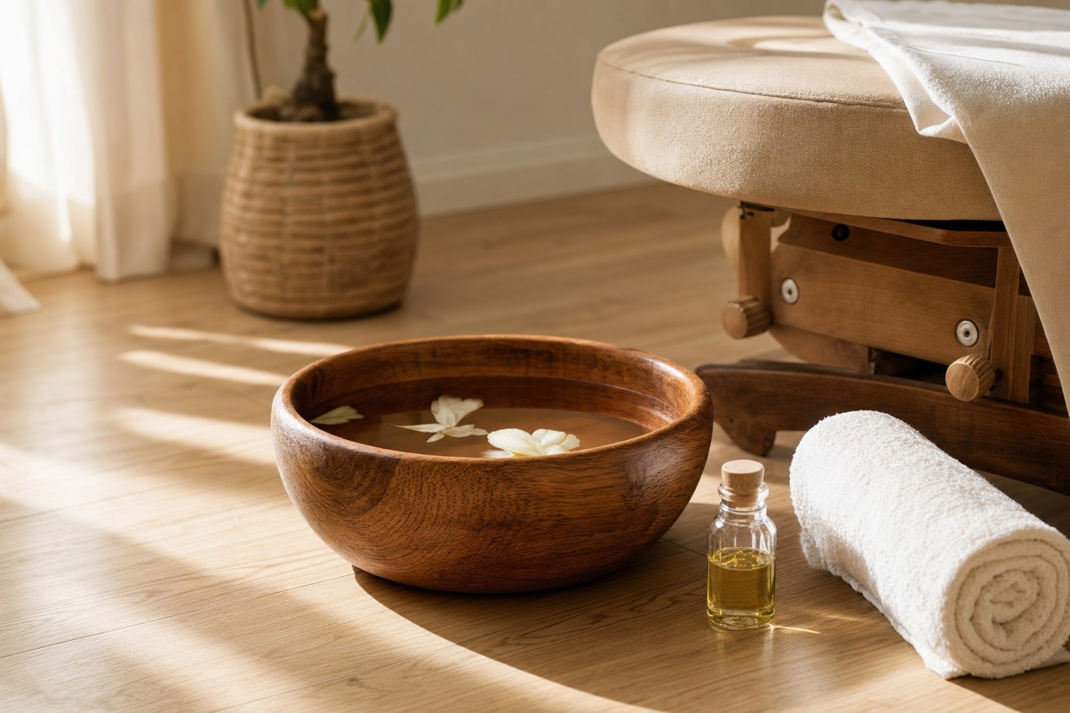 Foot-soak bowl with petals and a rolled towel