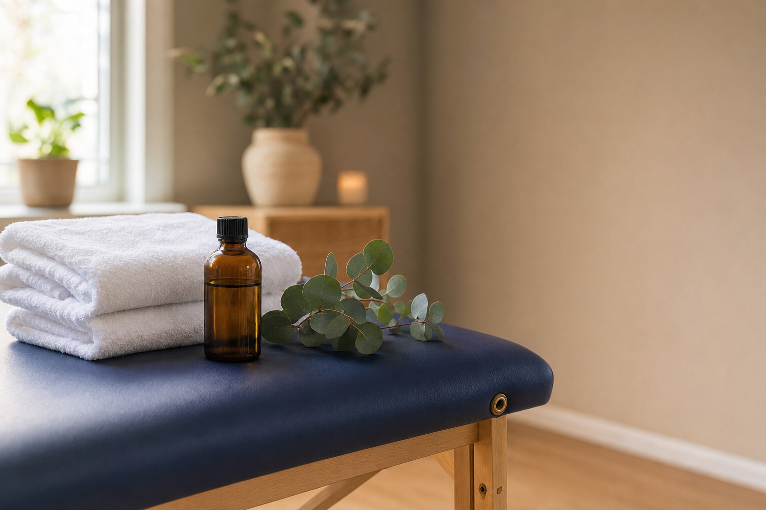 Folded towels and massage oil on a wooden surface